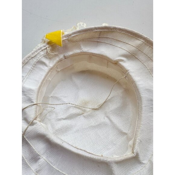 Vintage Ivory Straw Faux Floral Yellow Velvet Bow Lace Ruffle Trim Boater Hat - Picture 13 of 14